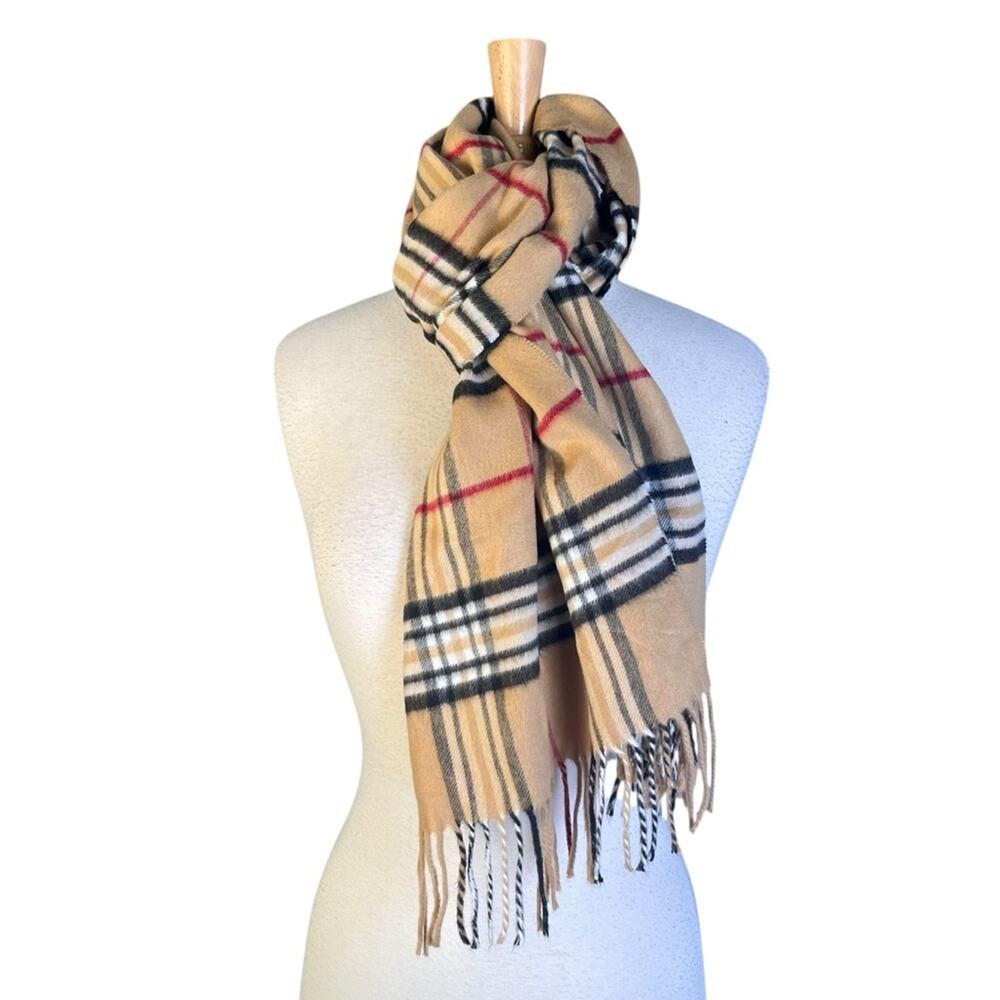 V Fraas Cashmink Classic Plaid Scarf With Fringe Tan Black Soft Fuzzy Cozy Warm